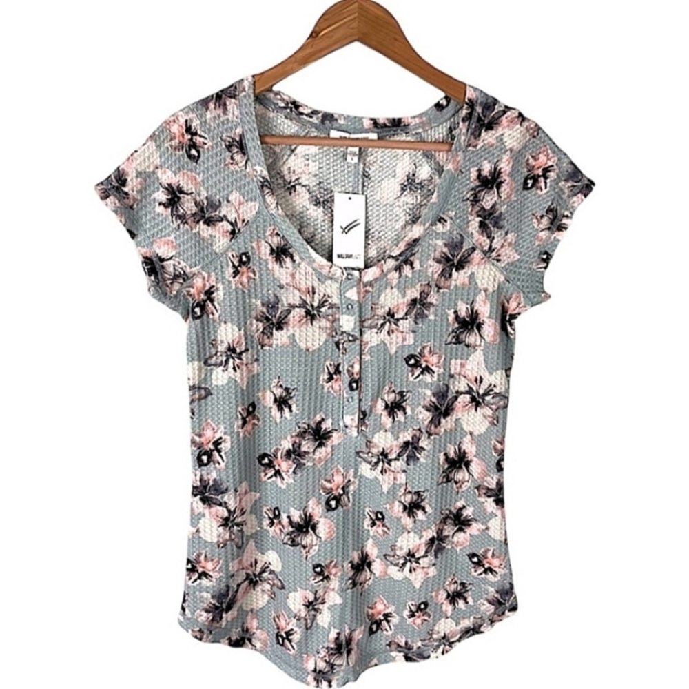 William Rast Floral Short Sleeve Waffle Knit Top Size Large